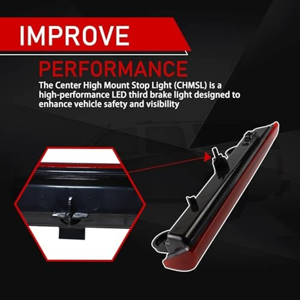 Center high mount red LED third brake light with black frame and mounting points