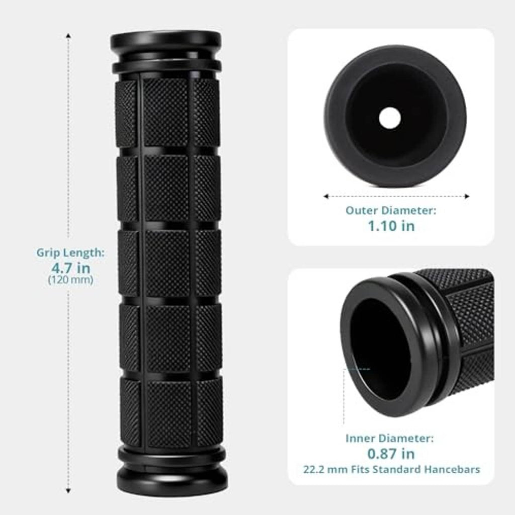 Black rubber handlebar grips with end plugs, ~1.10 in outer and 0.87 in inner diameter