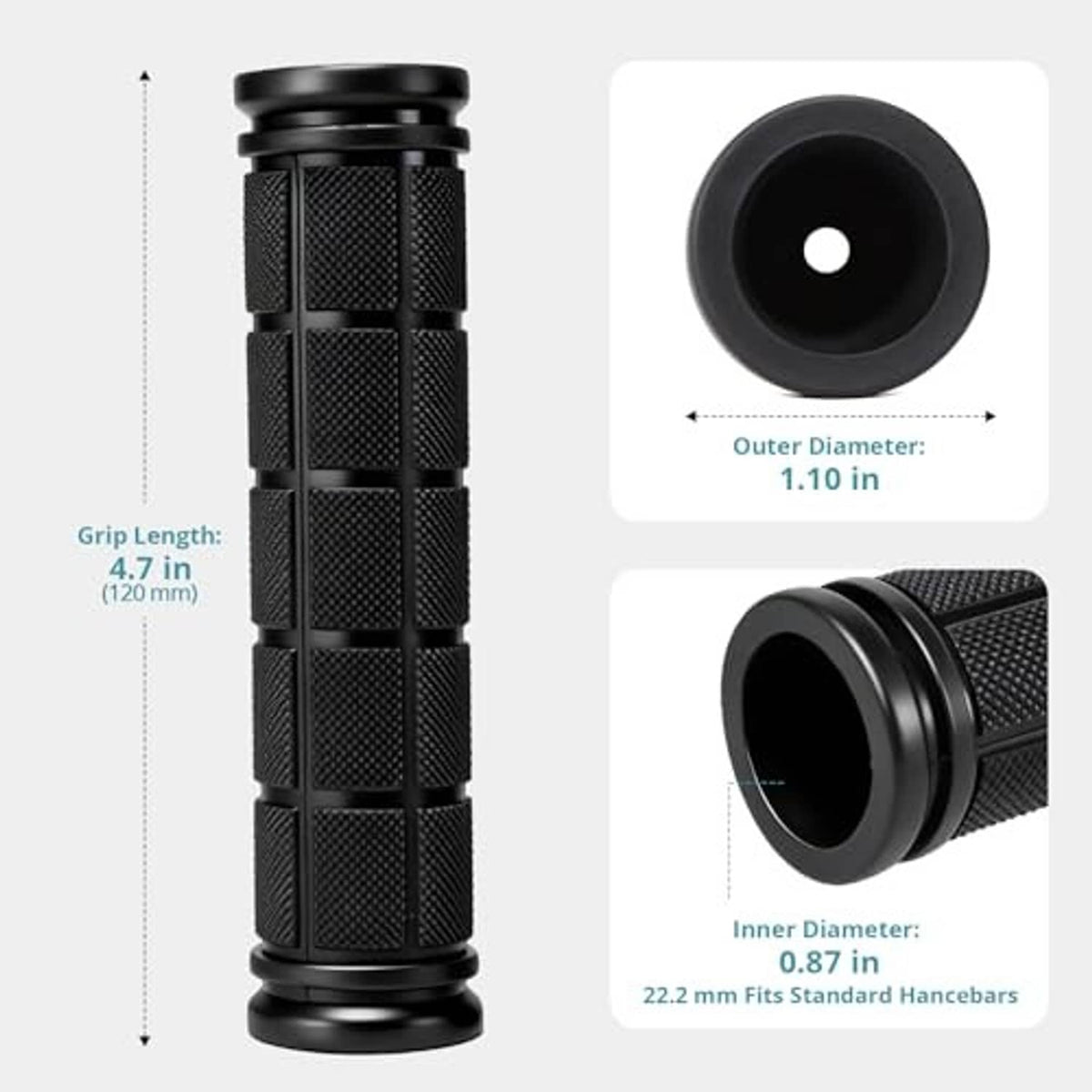 Black rubber handlebar grips with end plugs, ~1.10 in outer and 0.87 in inner diameter