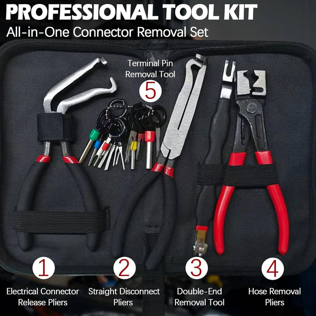 Electrical disconnect pliers set in tool pouch; red-and-black handles with connector tools