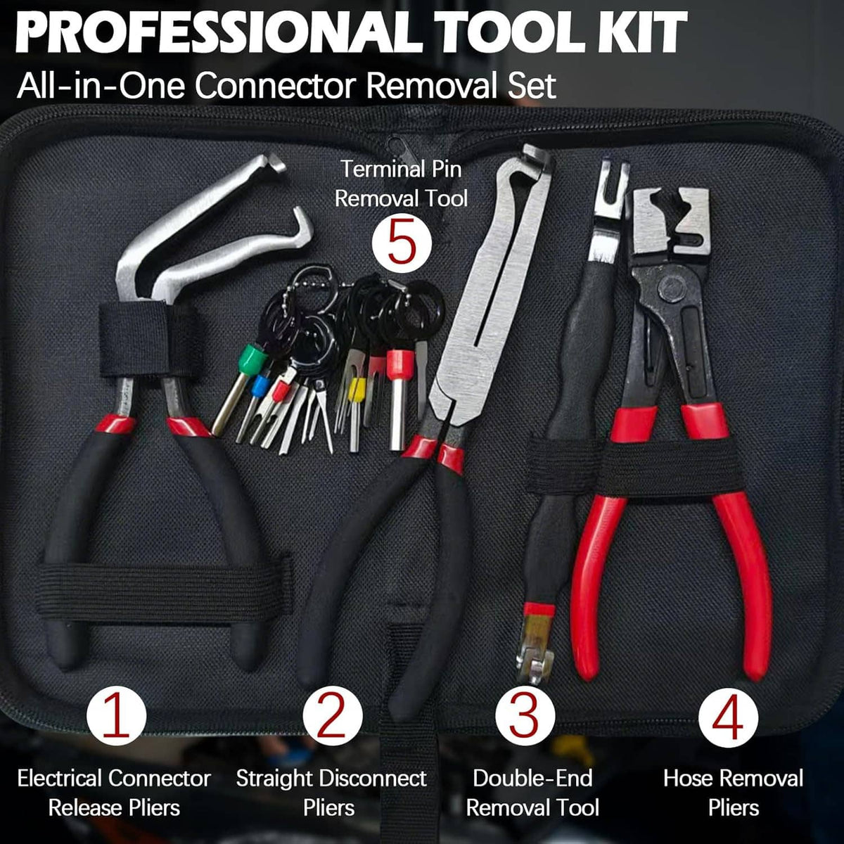 Electrical disconnect pliers set in tool pouch; red-and-black handles with connector tools