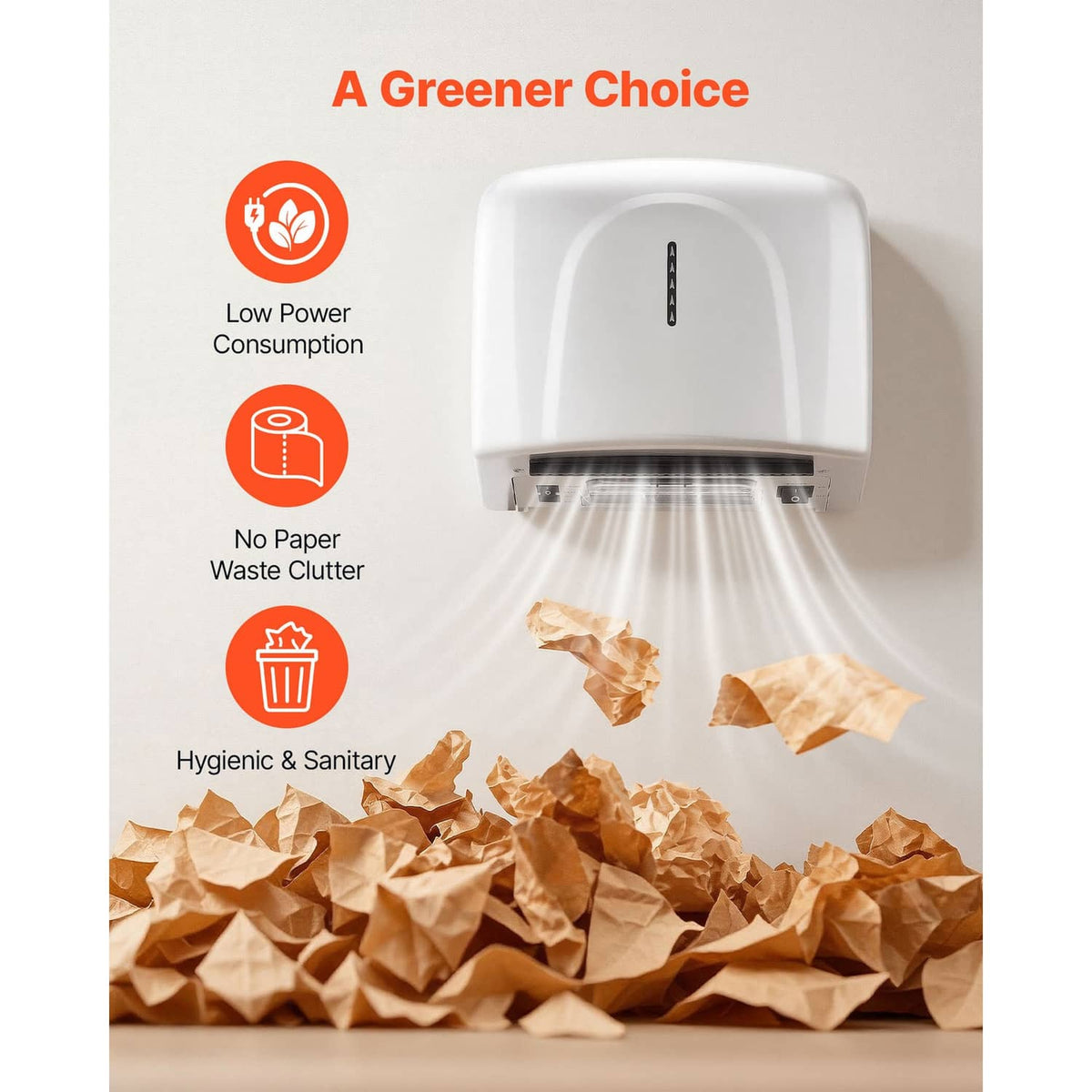 Automatic hand dryer with white body above scattered paper waste