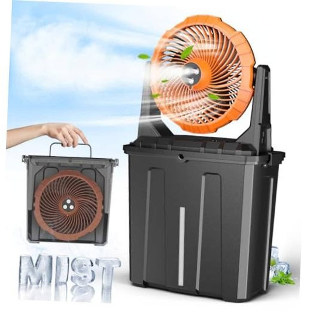 Portable orange misting fan with black 9L water bucket and front fan grille.