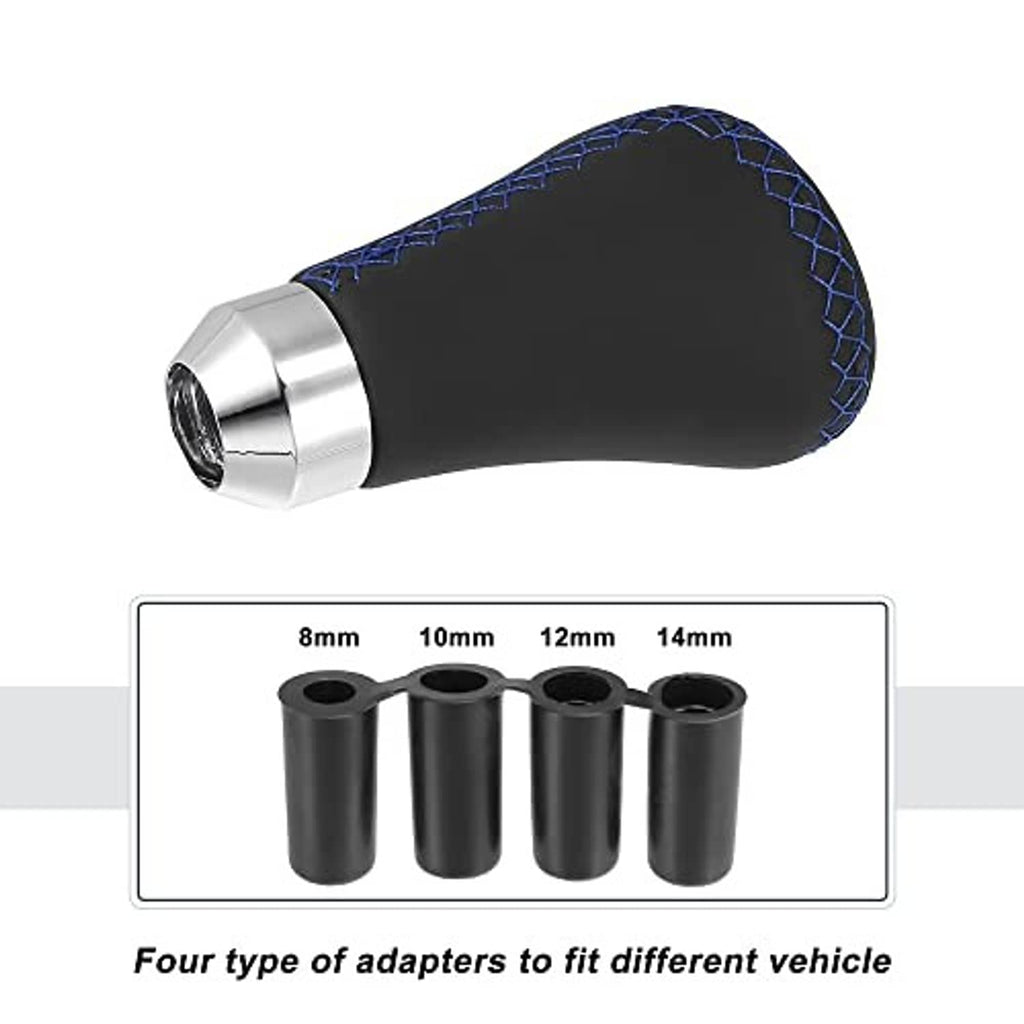 Black gear shift knob with blue stitched grip, silver base, and four adapter sleeves