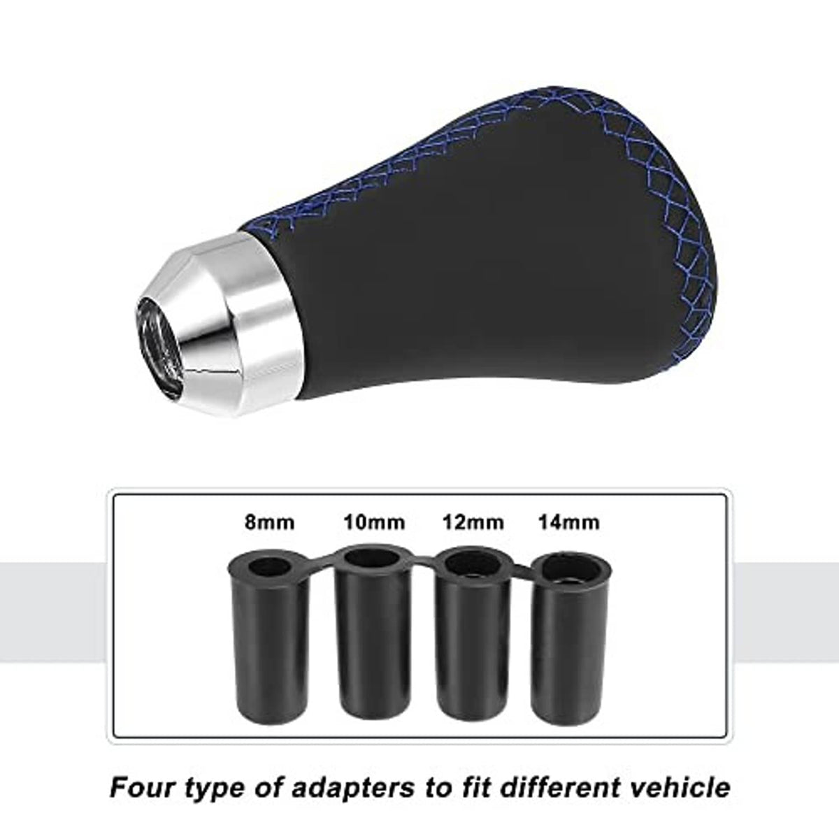 Black gear shift knob with blue stitched grip, silver base, and four adapter sleeves