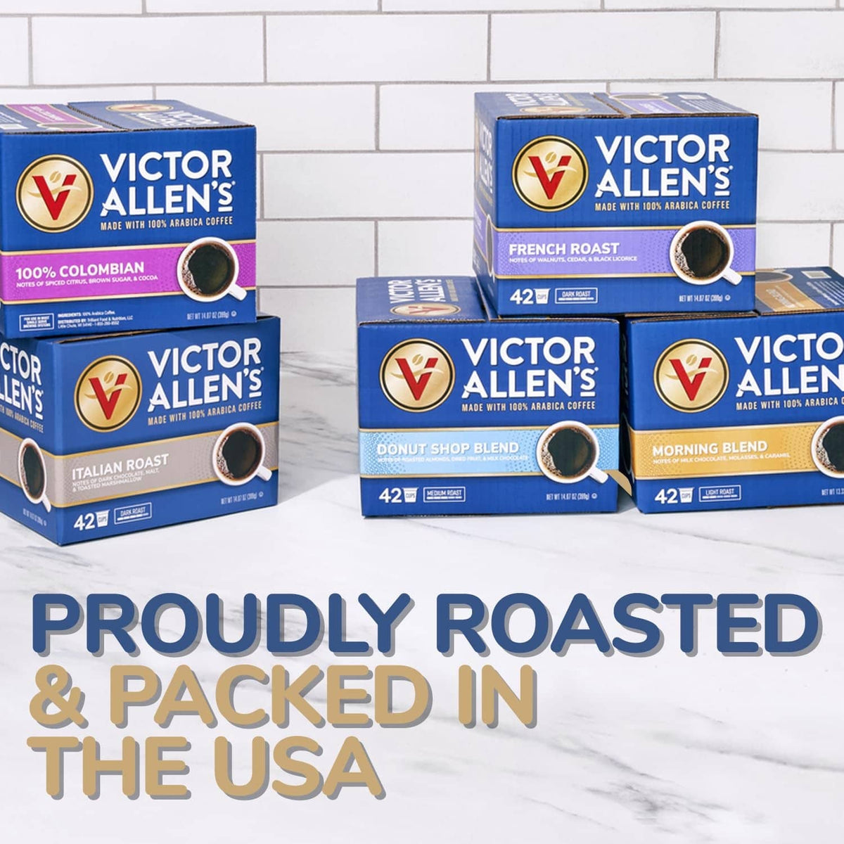 Assorted Victor Allen's single-serve coffee pods boxes, 42 count