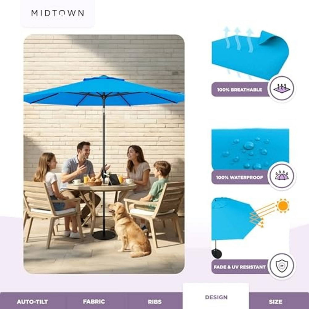 Cobalt blue patio umbrella shading an outdoor dining area