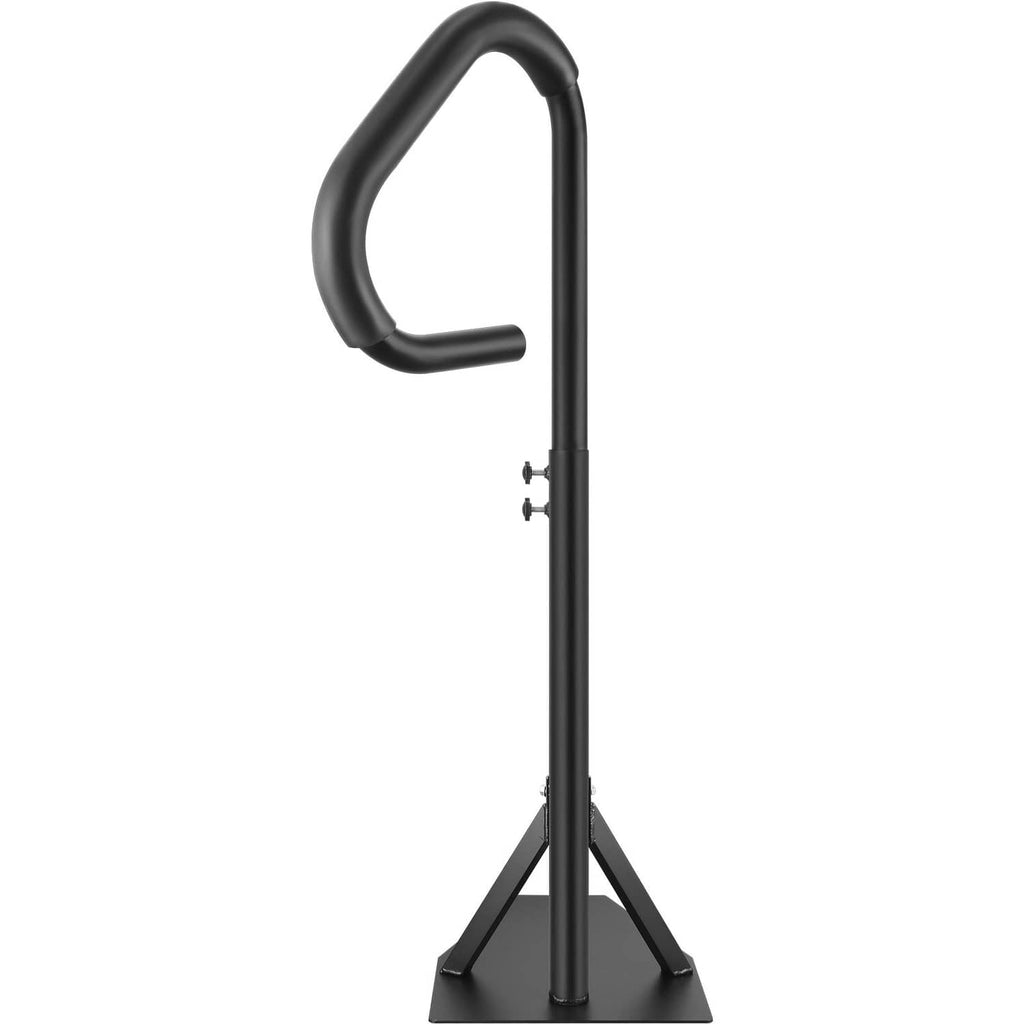 Black hot tub handrail with curved grip and three-leg adjustable base, side view