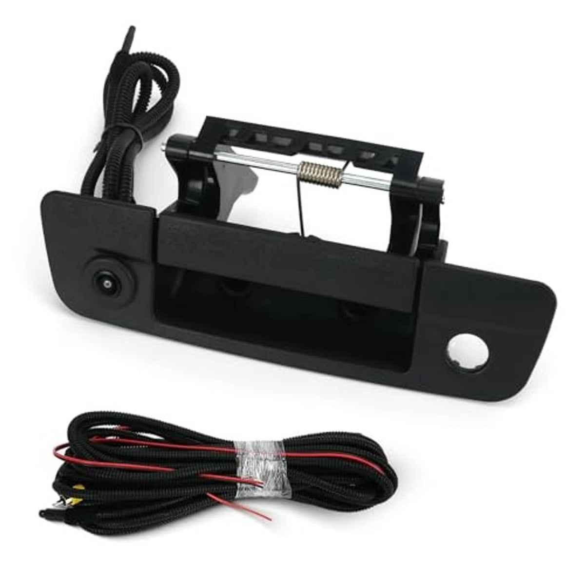 Black rear tailgate handle with backup camera module and cable harness