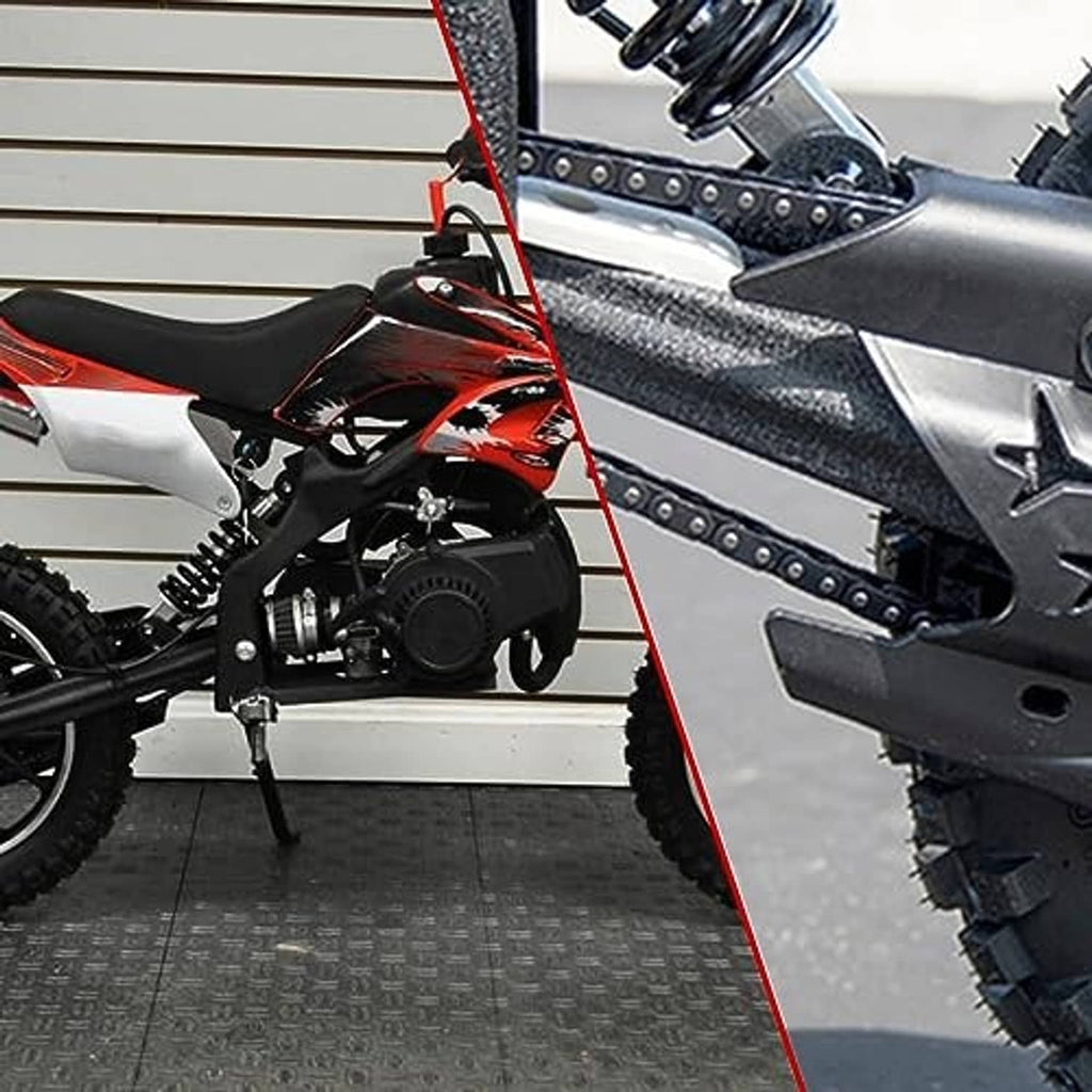 Red and silver mini bike with dark blue drive chain on the side of the engine