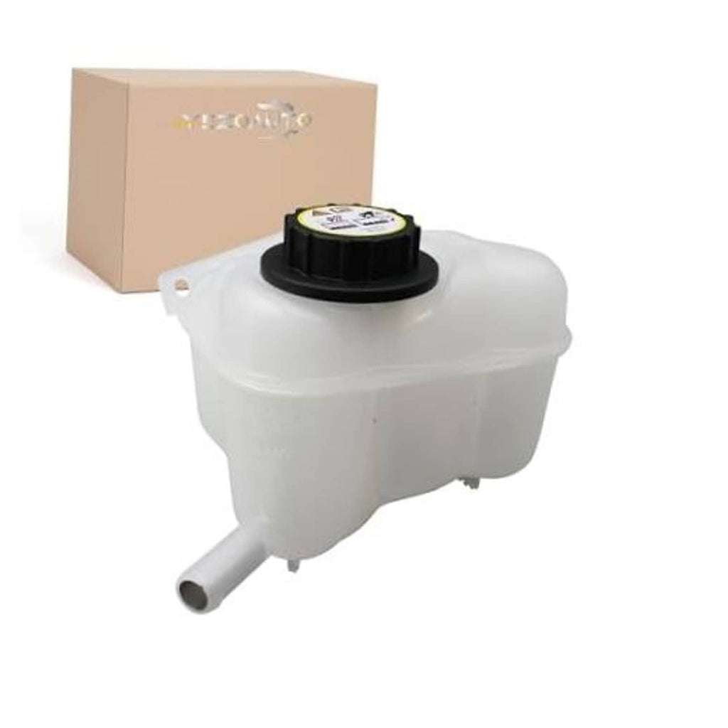 White pressurized coolant overflow tank with black cap and small side outlet pipe