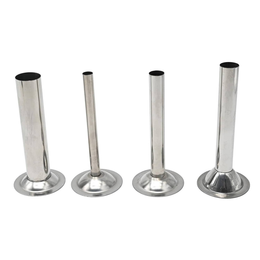 Stainless steel sausage stuffing tubes, four pieces with round flared bases