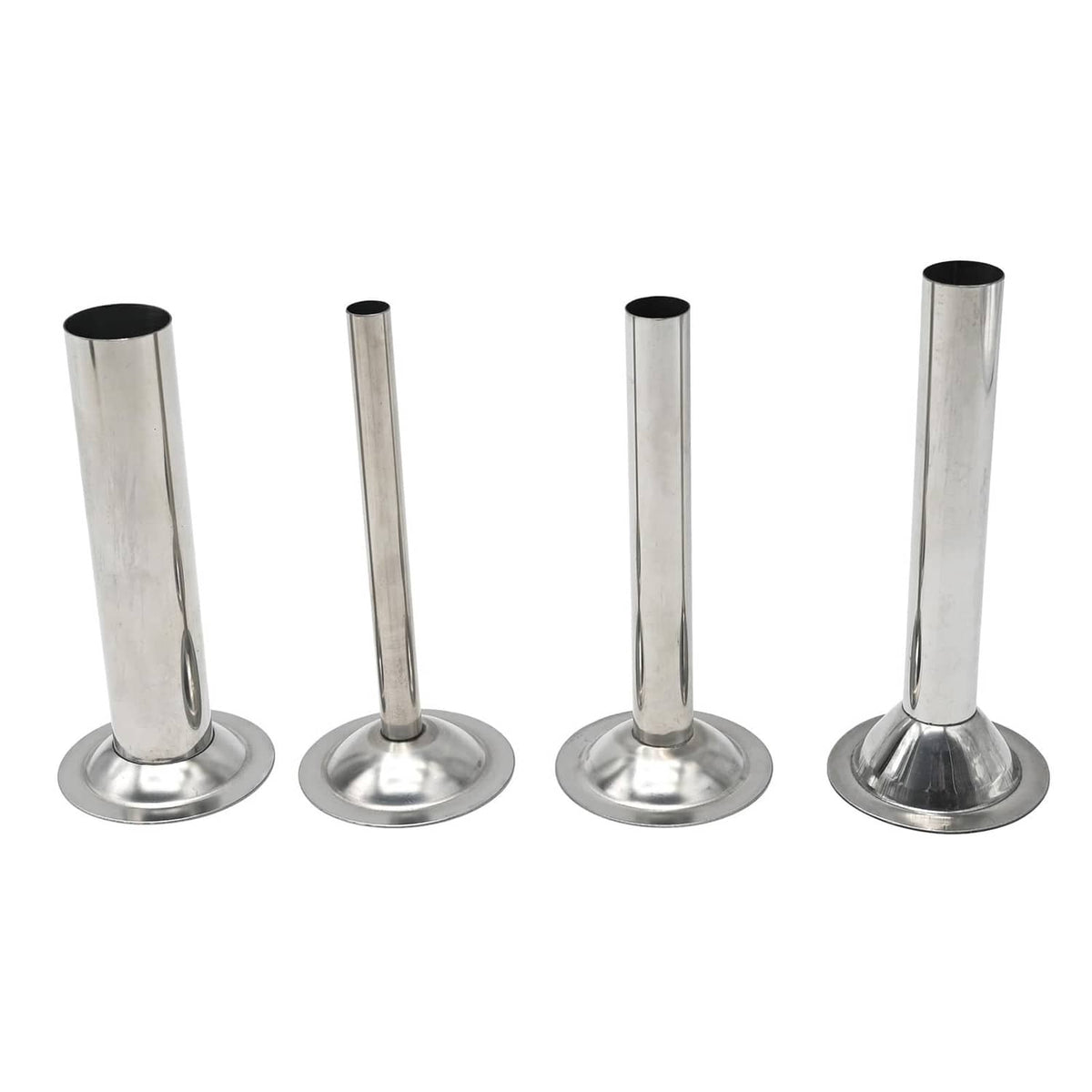 Stainless steel sausage stuffing tubes, four pieces with round flared bases