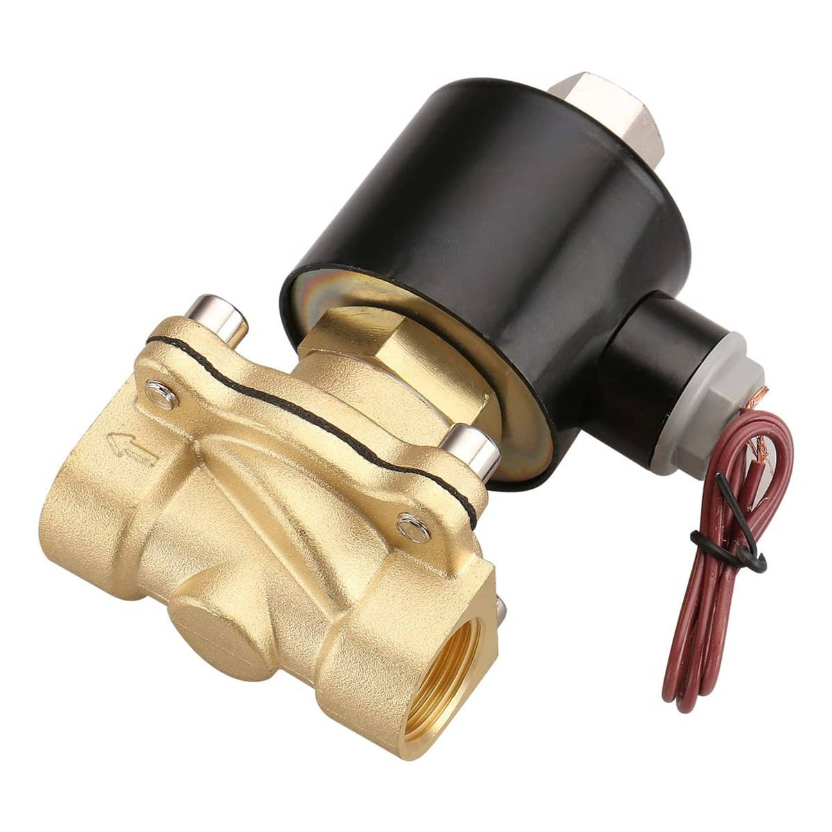Angled brass electric solenoid valve with black coil and red wire harness