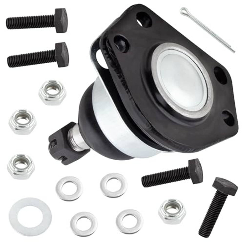 Front ball joint assembly with black housing, silver spacer ring, and mounting bolts