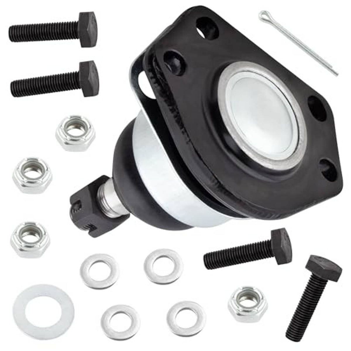 Front ball joint assembly with black housing, silver spacer ring, and mounting bolts