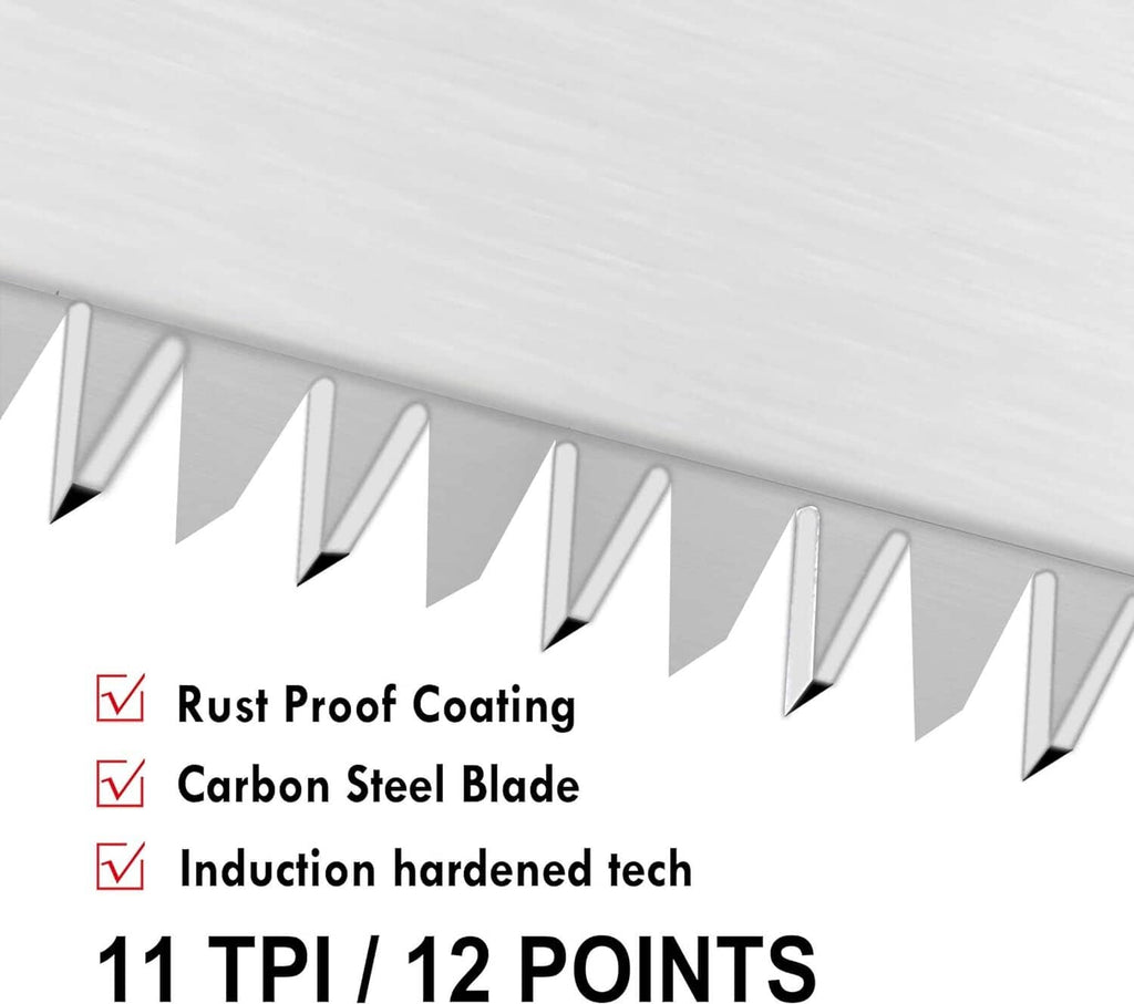 Close-up of saw blade teeth with rust-proof coating and 11 TPI marking