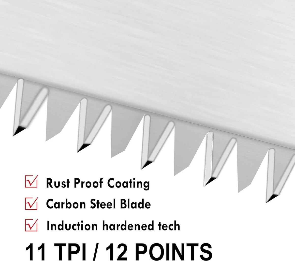 Close-up of saw blade teeth with rust-proof coating and 11 TPI marking