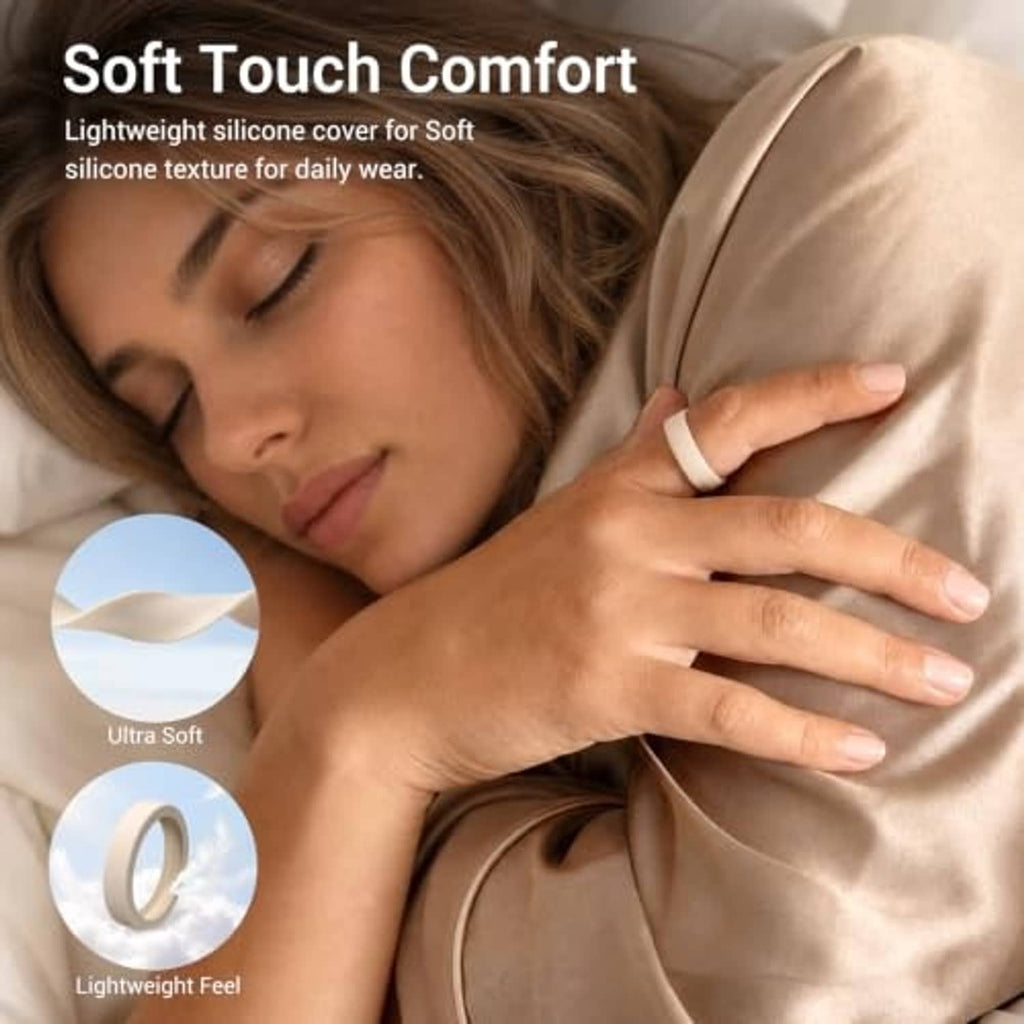 Soft-touch silicone ring cover with sensor window, shown on a ring form
