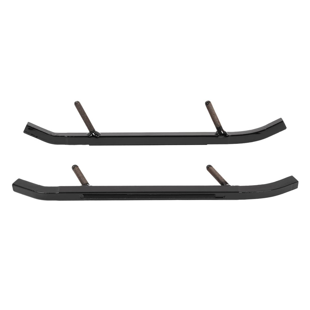 Pair of black curved ski wear bars with threaded mounting bolts