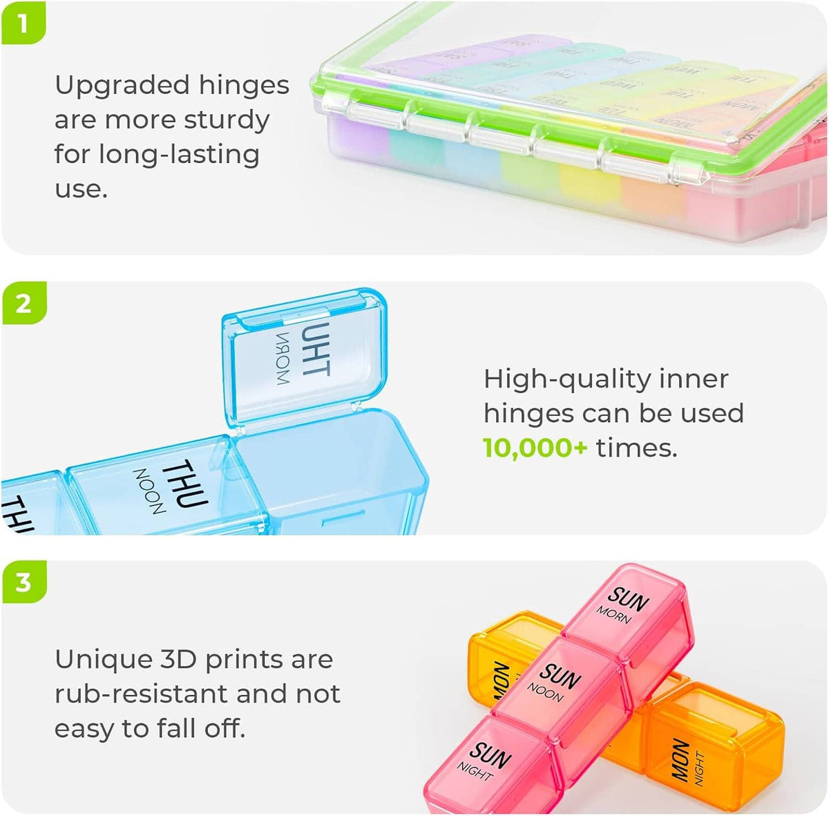 Large weekly pill organizer with upgraded sturdy hinges and detailed compartment design