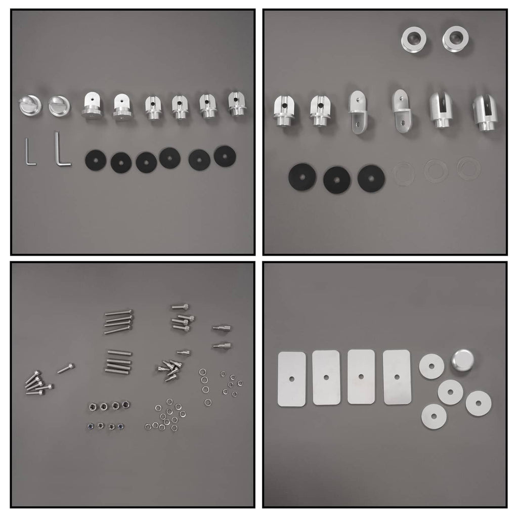 Wakeboard tower parts assortment: brackets, plates, bolts, washers, and spacers