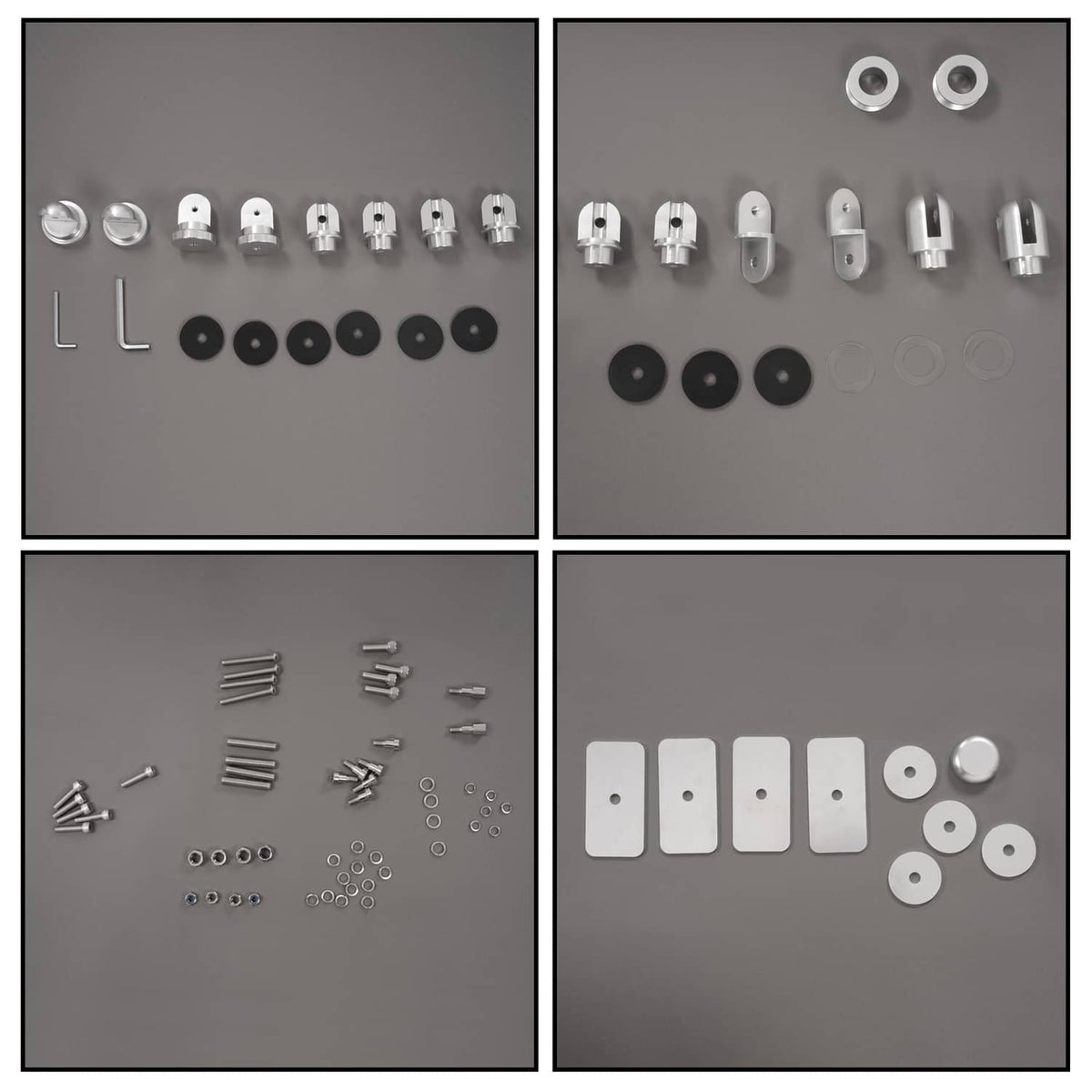 Wakeboard tower parts assortment: brackets, plates, bolts, washers, and spacers