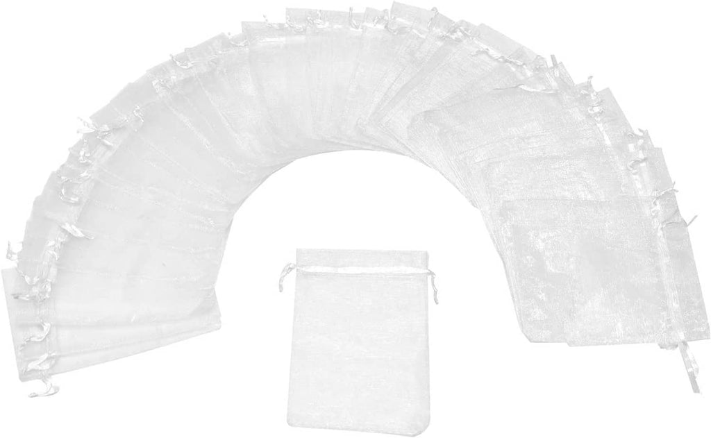White organza drawstring mesh pouches, one bag shown front with folded stack behind