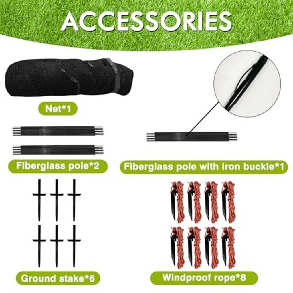 Batting cage accessory kit with net roll, fiberglass poles, ground stakes, and ropes