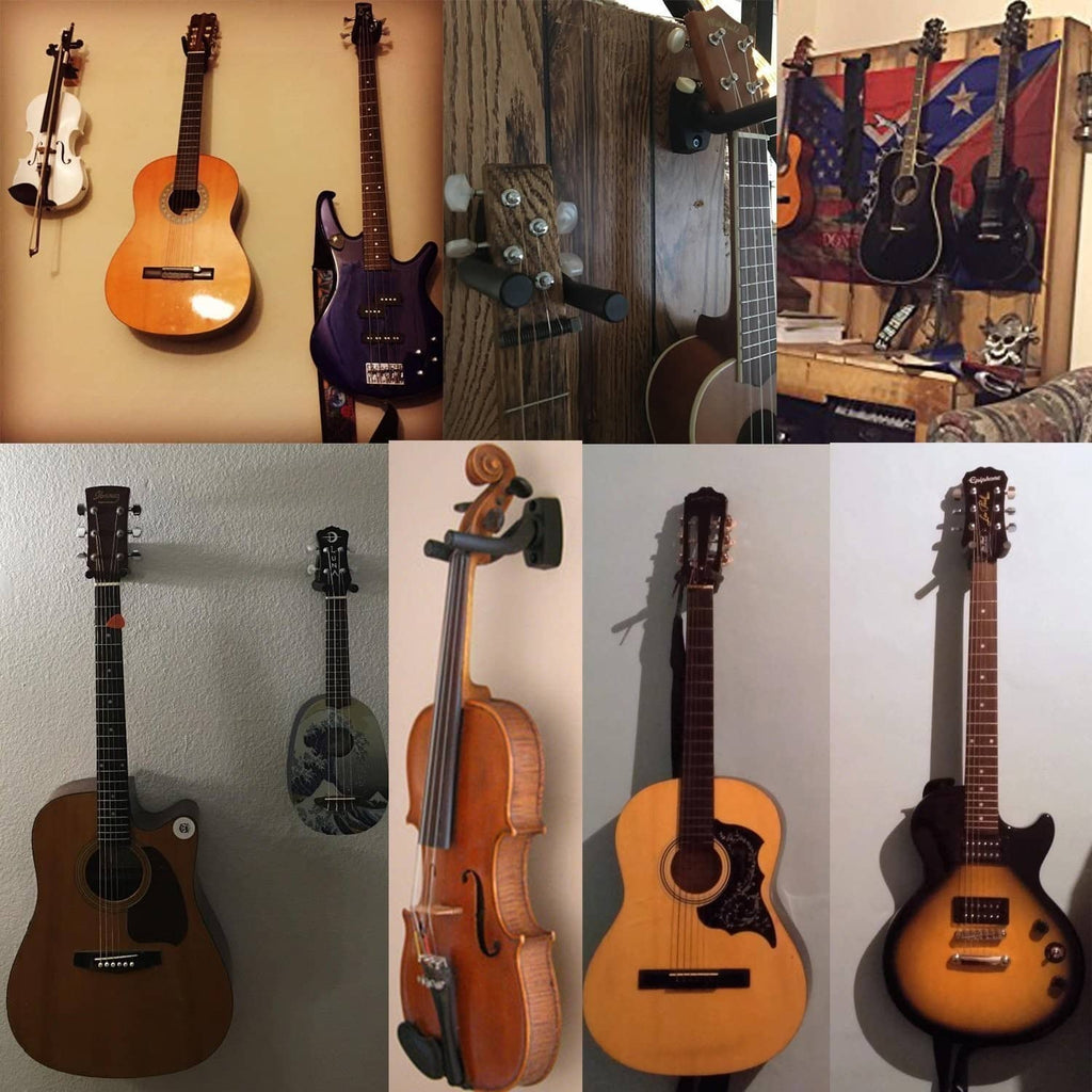 Wall-mounted instrument display with multiple guitars, bass, and hooks