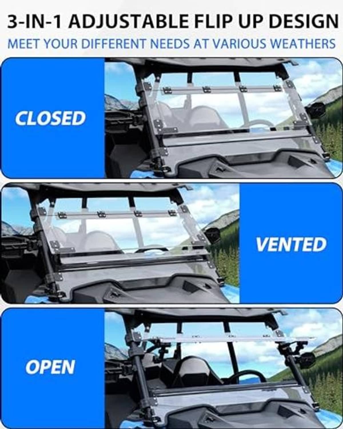 Three-position flip-up windshield: closed, vented, and open