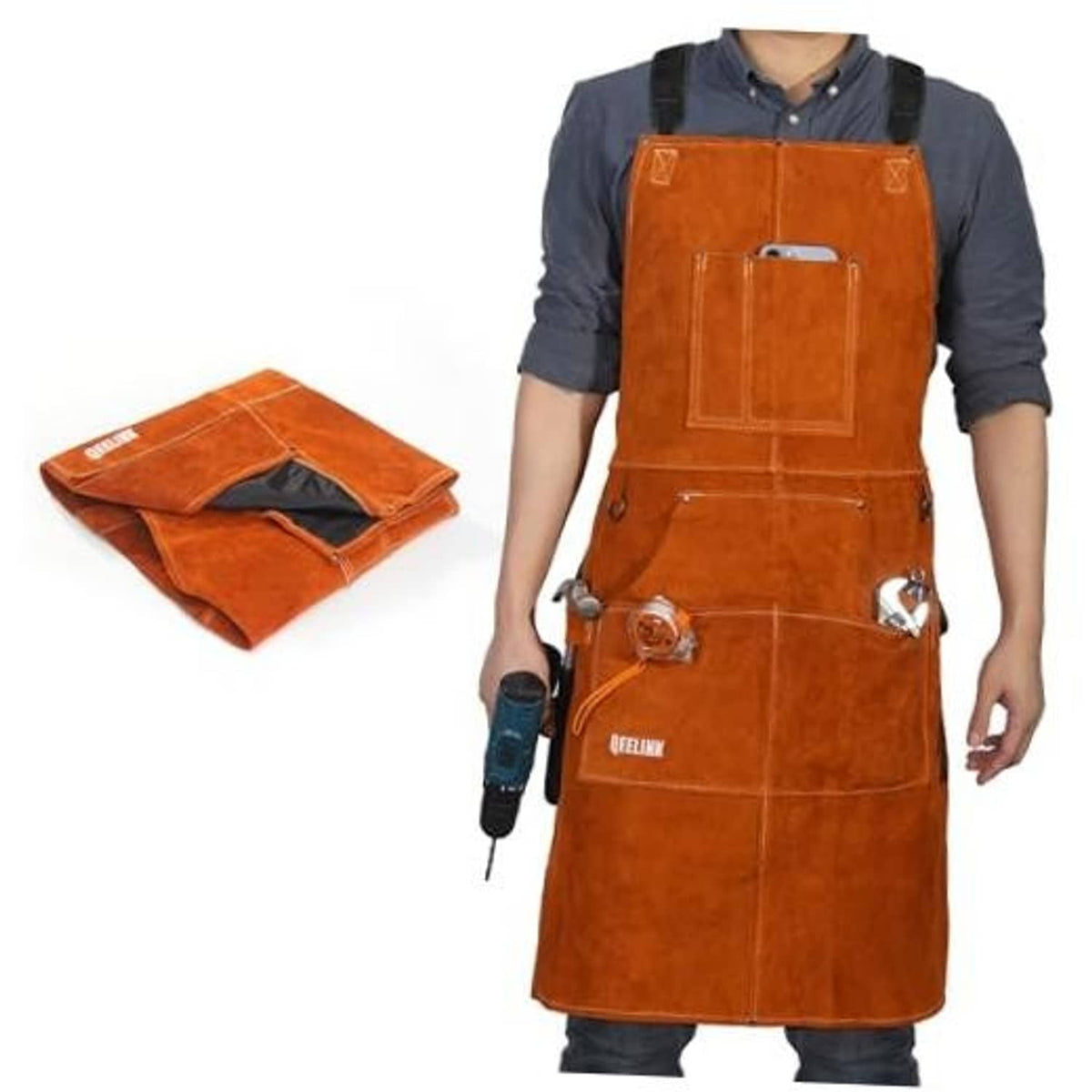 Brown leather welding work apron with 6 tool pockets and cross-back straps