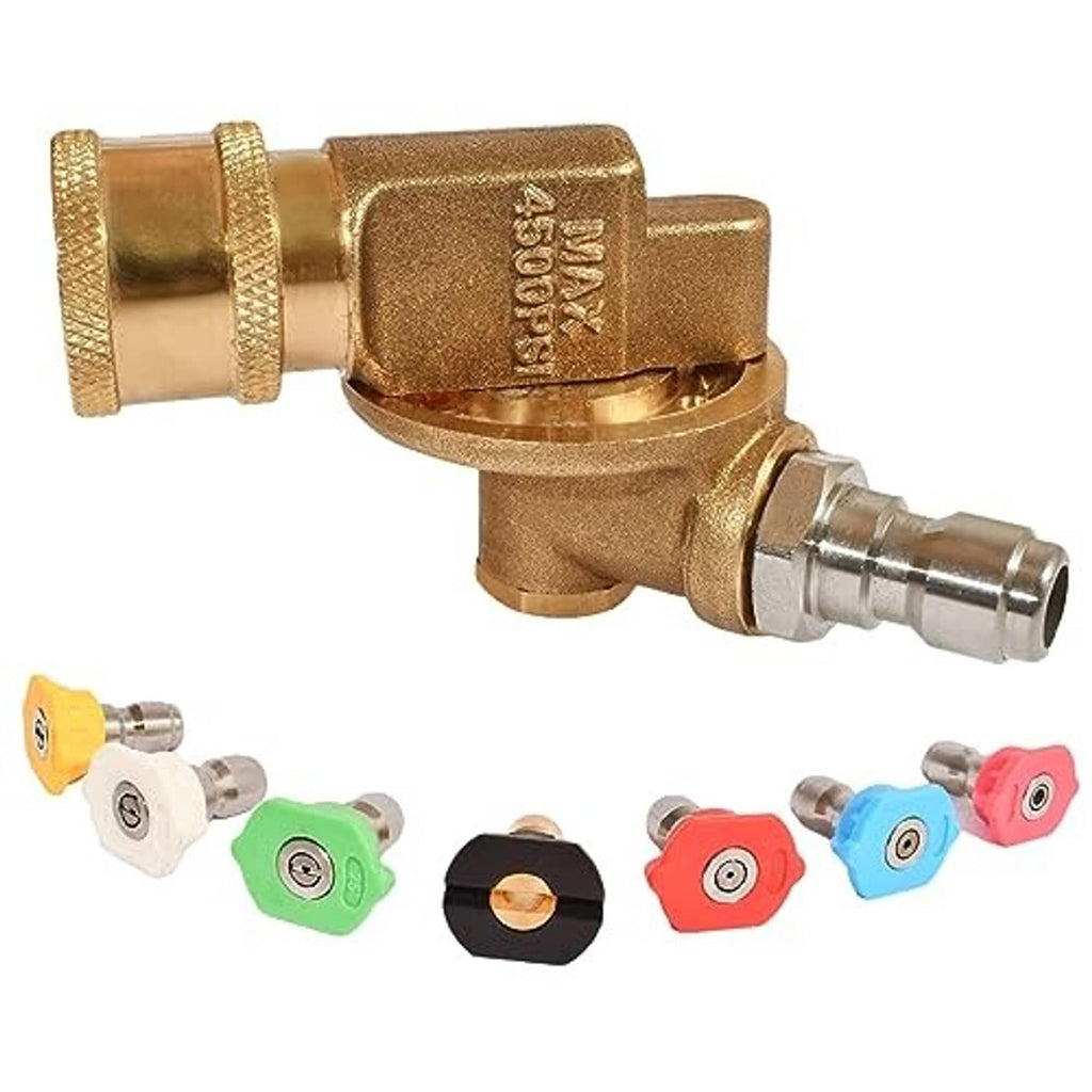 Brass pressure washer nozzle with multiple colored interchangeable spray tips