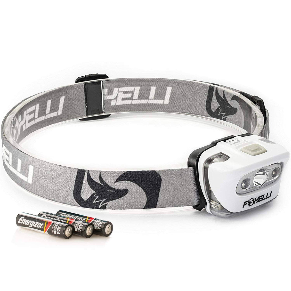 Foxelli white LED headlamp with gray patterned strap and visible Energizer batteries