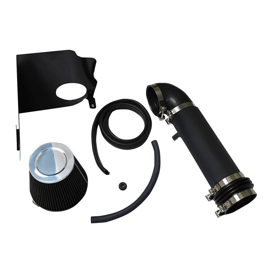 Vehicle intake kit parts: heat shield sheet, cone filter, rubber hoses, and clamps