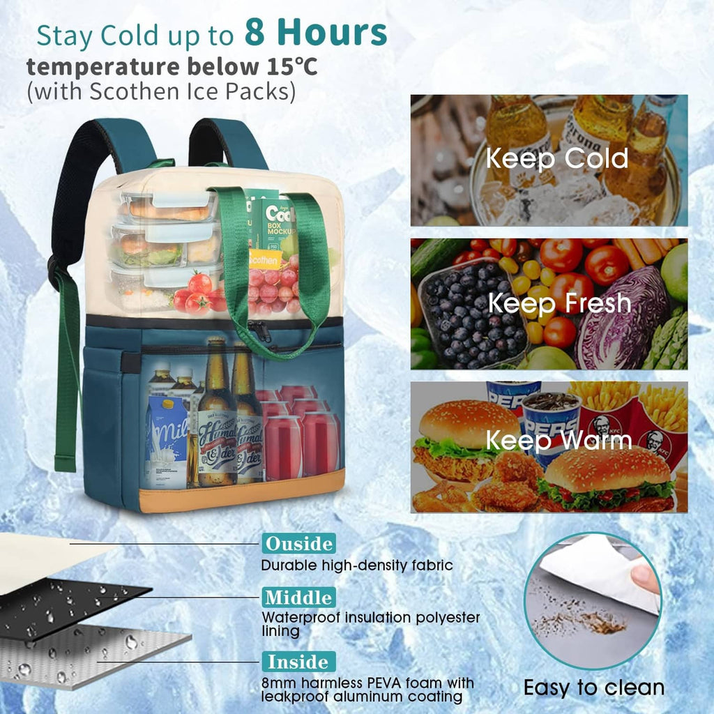 Green and cream insulated backpack cooler with ice packs inside the main compartment