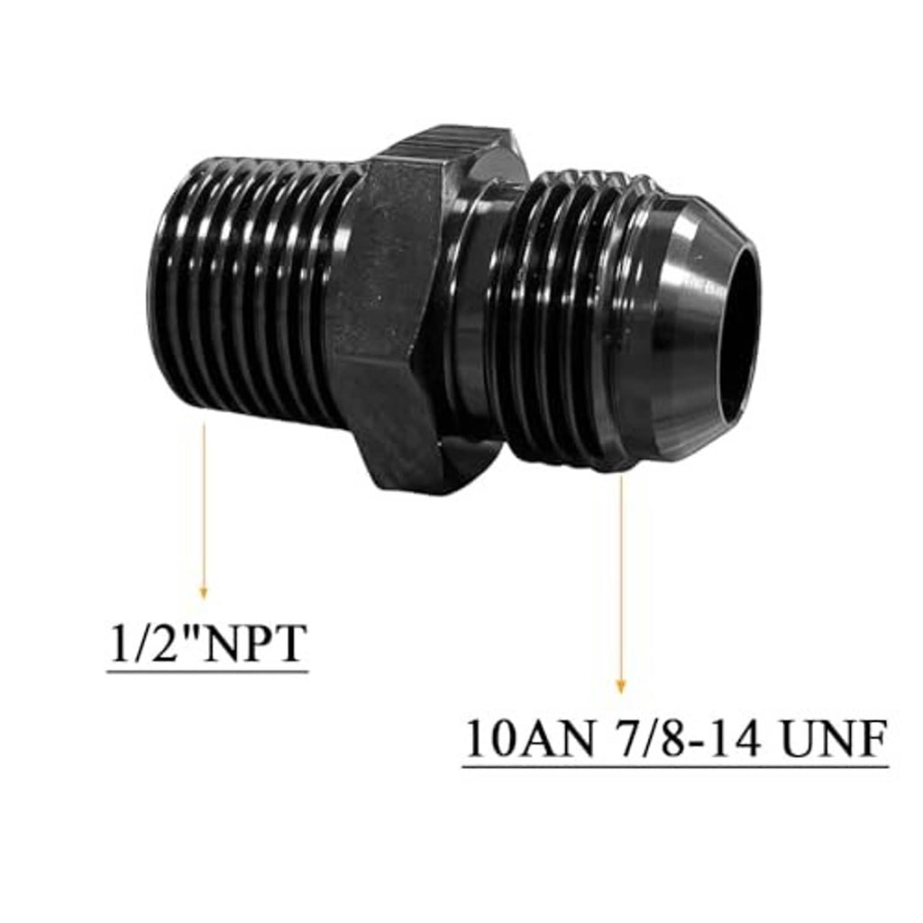 Black 10AN to 1/2 in NPT male hose fitting adapter with dual threaded ports