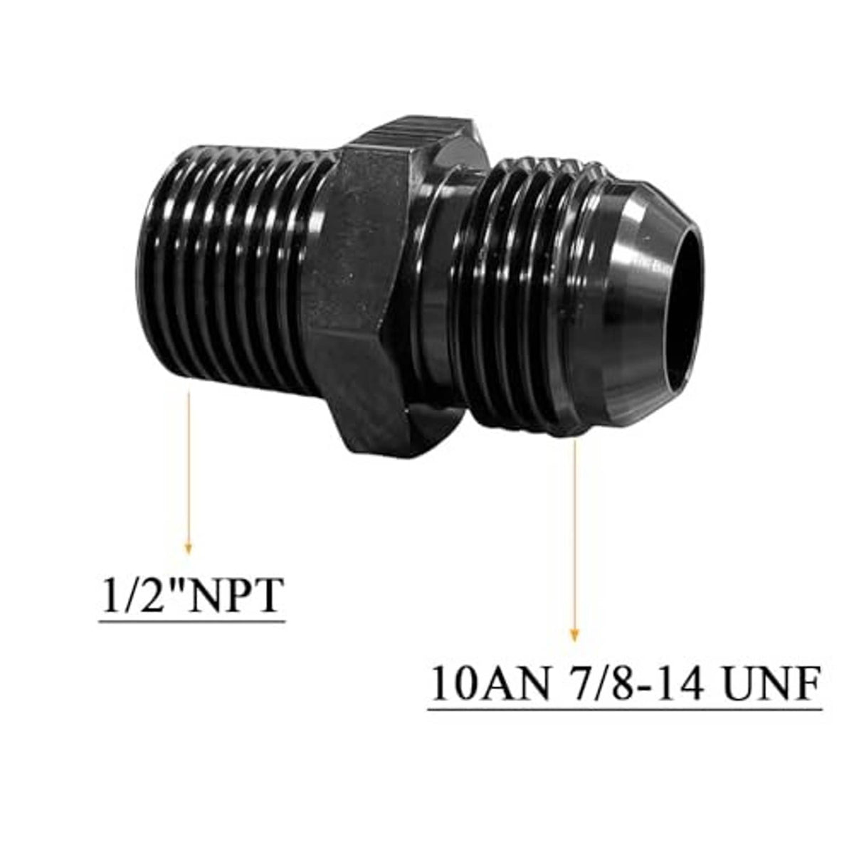 Black 10AN to 1/2 in NPT male hose fitting adapter with dual threaded ports