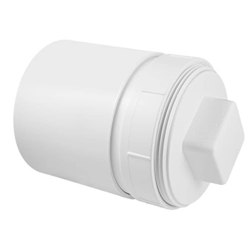 White PVC sewer cleanout cap adapter with rectangular plug and ribbed threads
