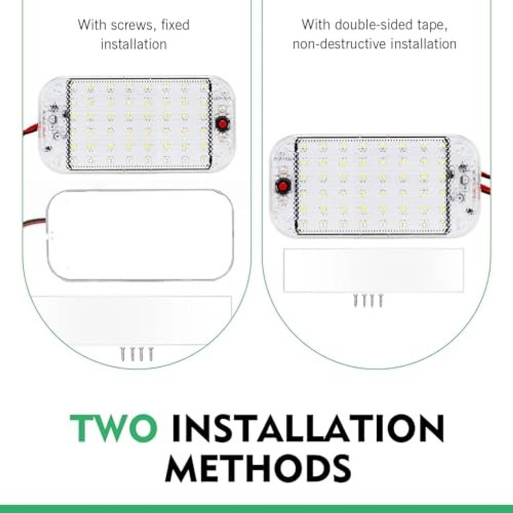LED cab dome light installation diagrams showing screw-mounted and tape-mounted options