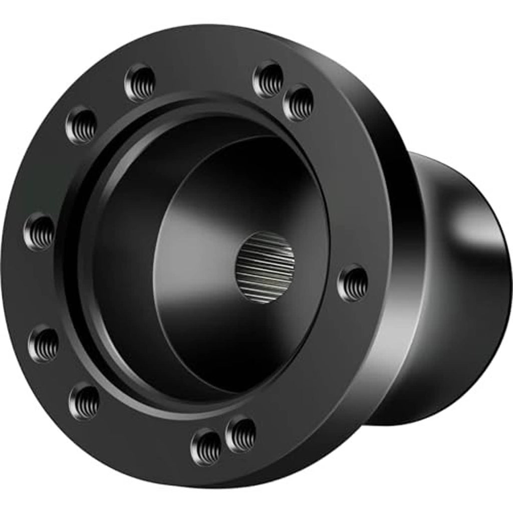 Black steering wheel adapter hub with threaded bolt holes and central bore