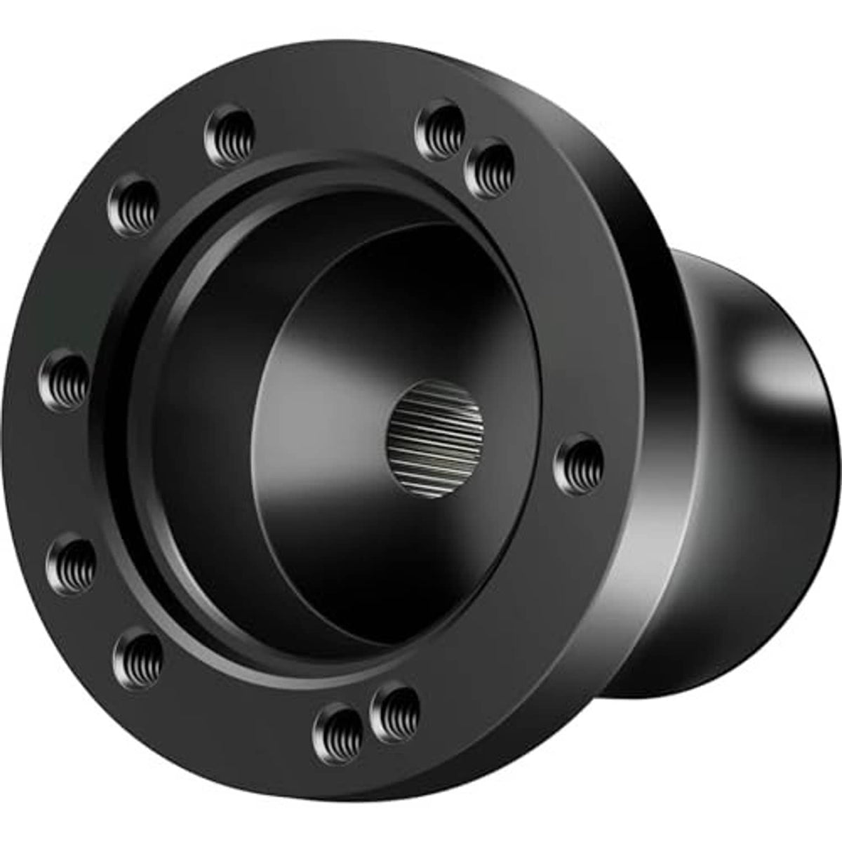 Black steering wheel adapter hub with threaded bolt holes and central bore