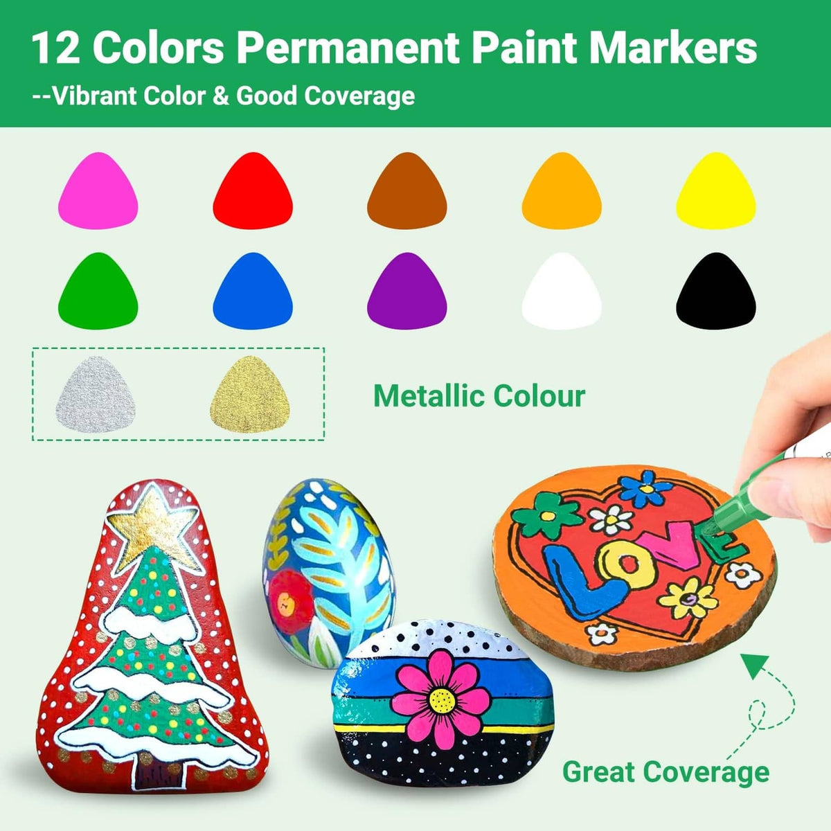 Twelve-color permanent paint marker set with mixed tip colors and color paint swatches