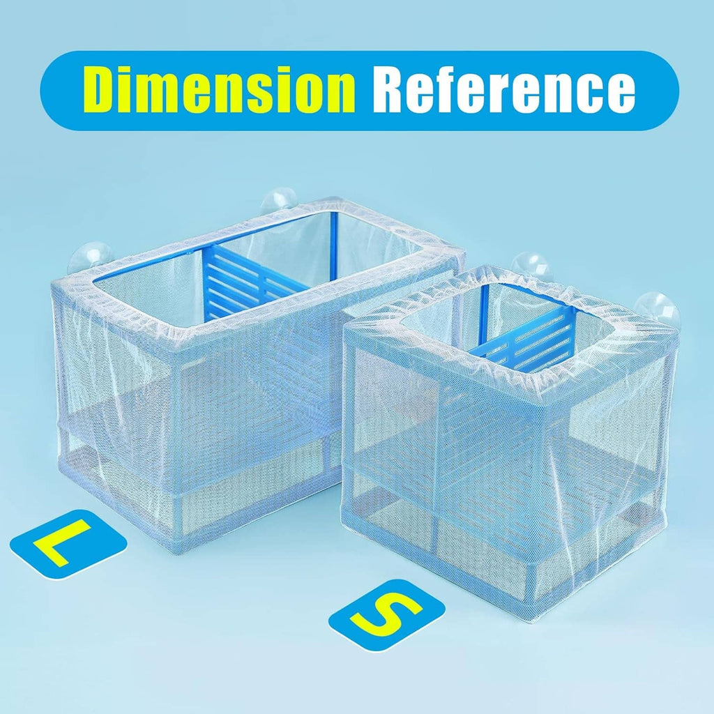 Set of blue mesh aquarium fry breeder boxes with two different sizes