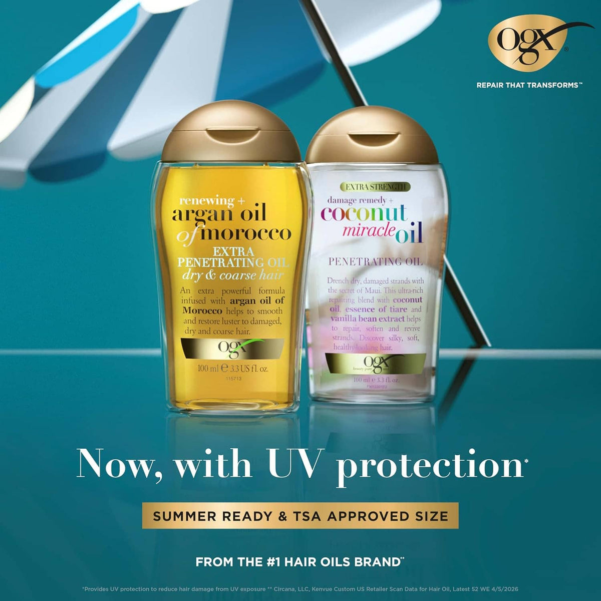 Pair of OGX penetrating hair oil bottles: argan oil and coconut miracle oil, gold caps