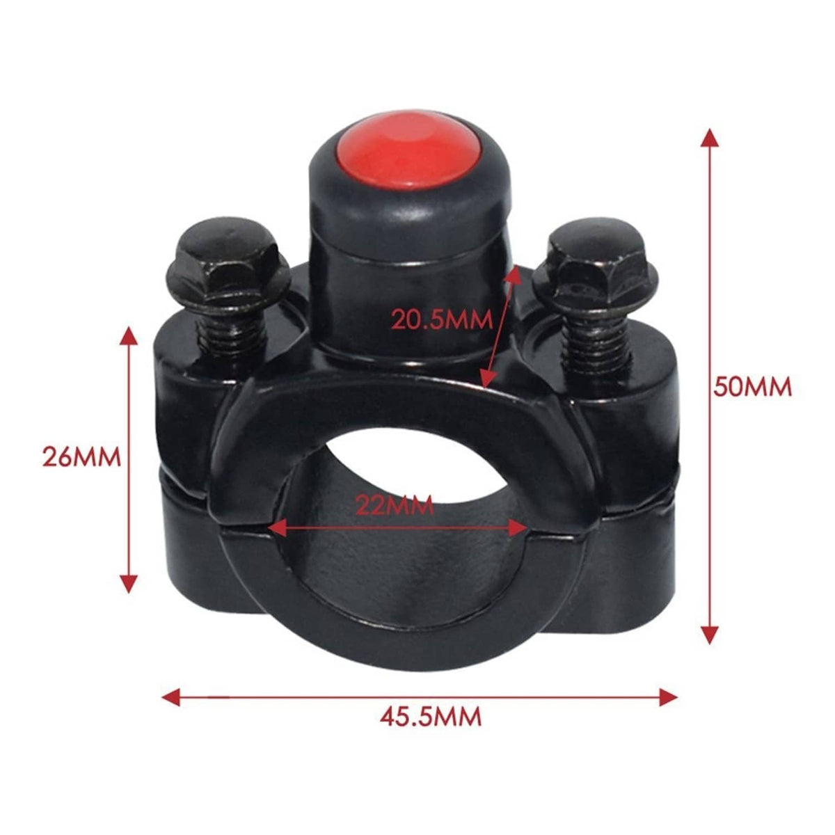 Black ATV handlebar horn switch with red push button and three mounting bolts