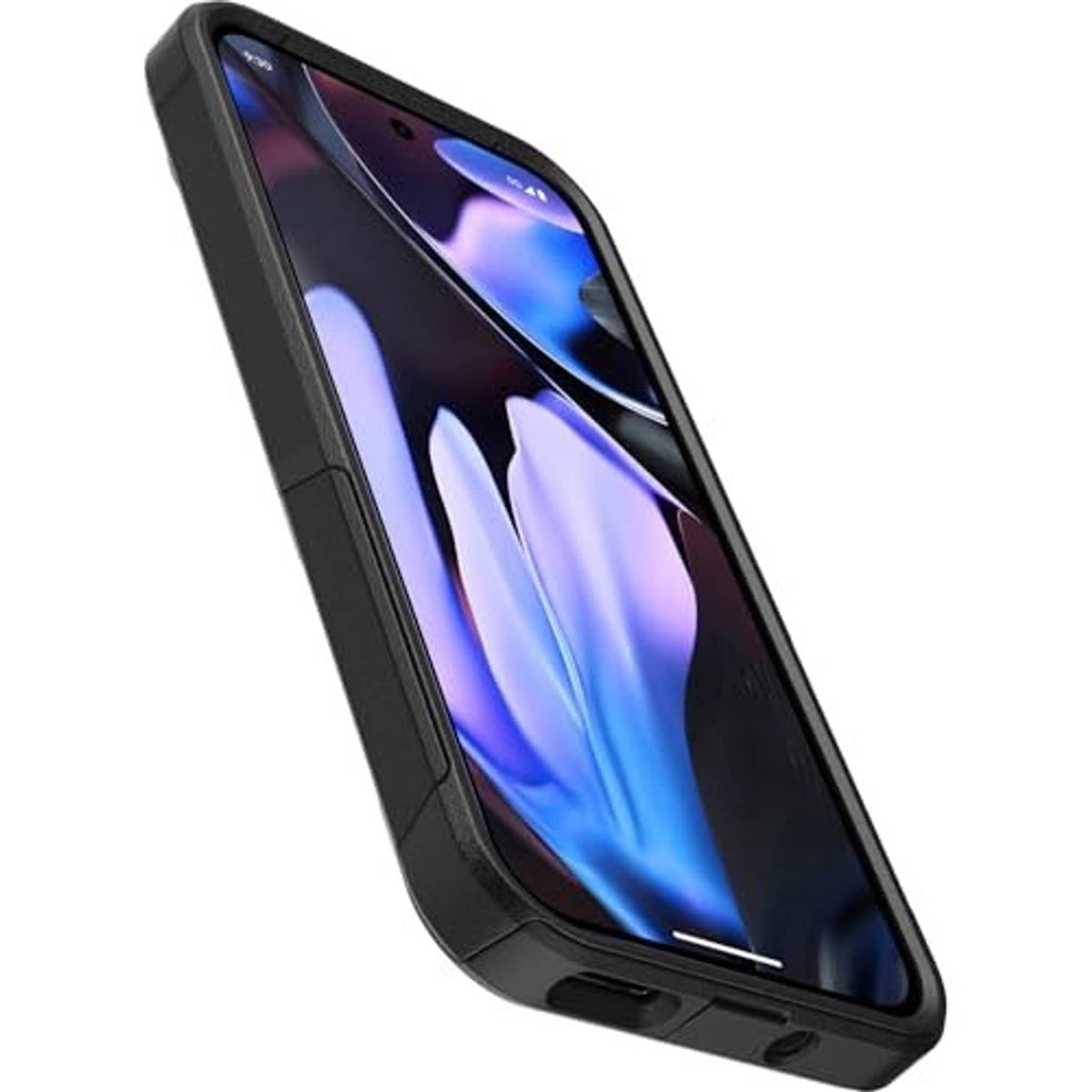 Black drop-protective phone case with raised screen edges and side buttons