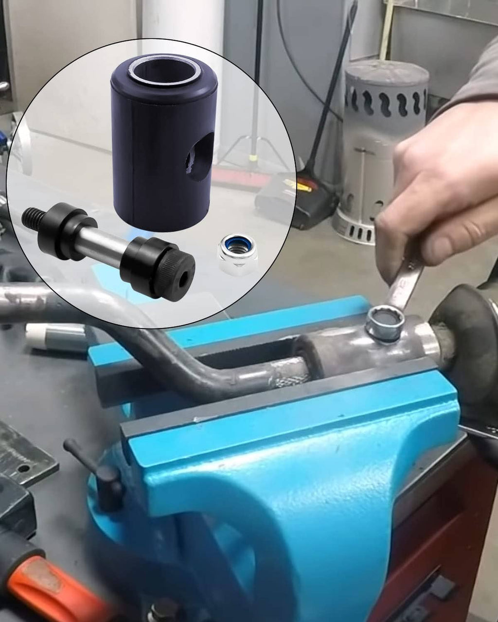 Black shifter isolator bushing and shoulder bolt shown during installation