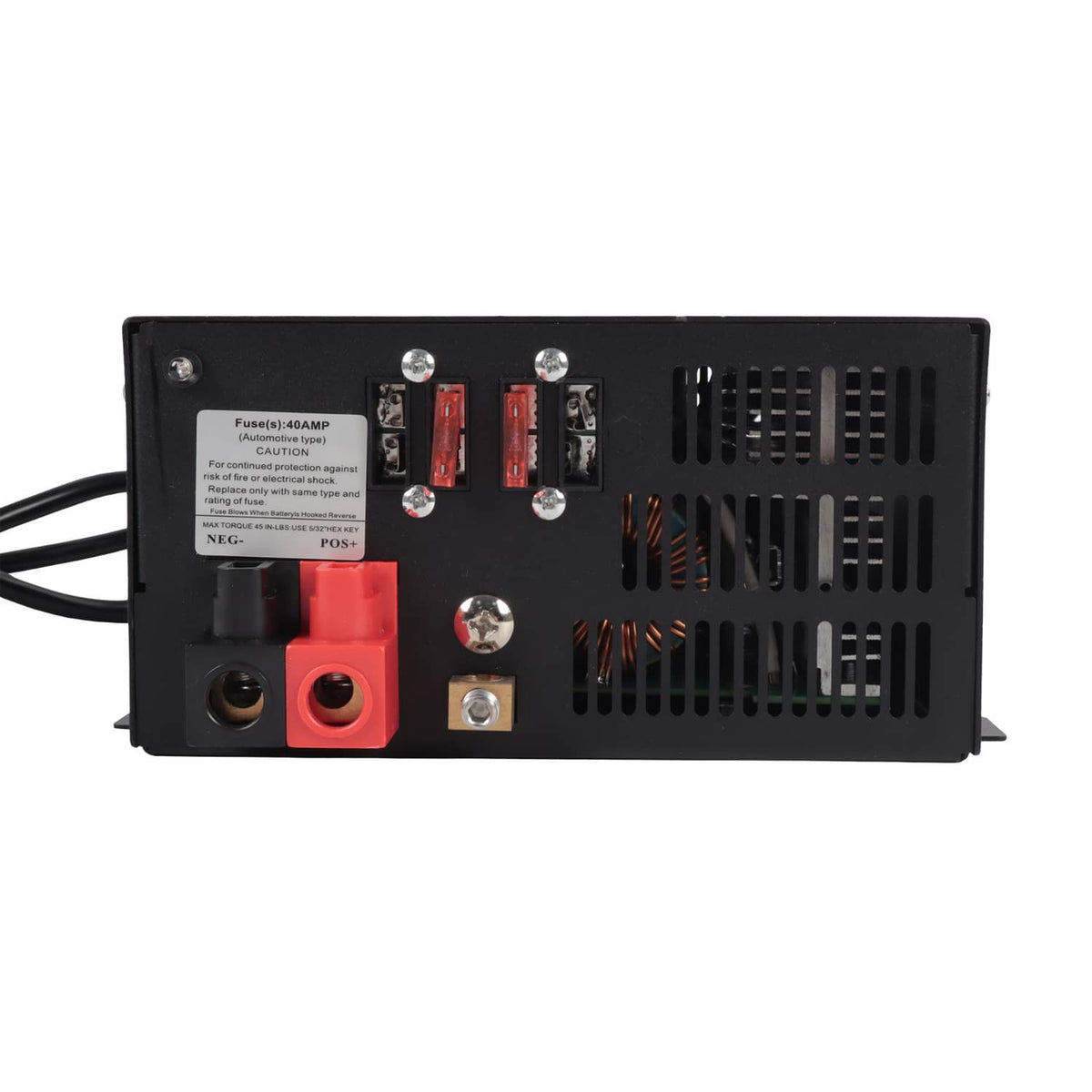Black RV power converter rear panel with fuse, terminals, and connector ports