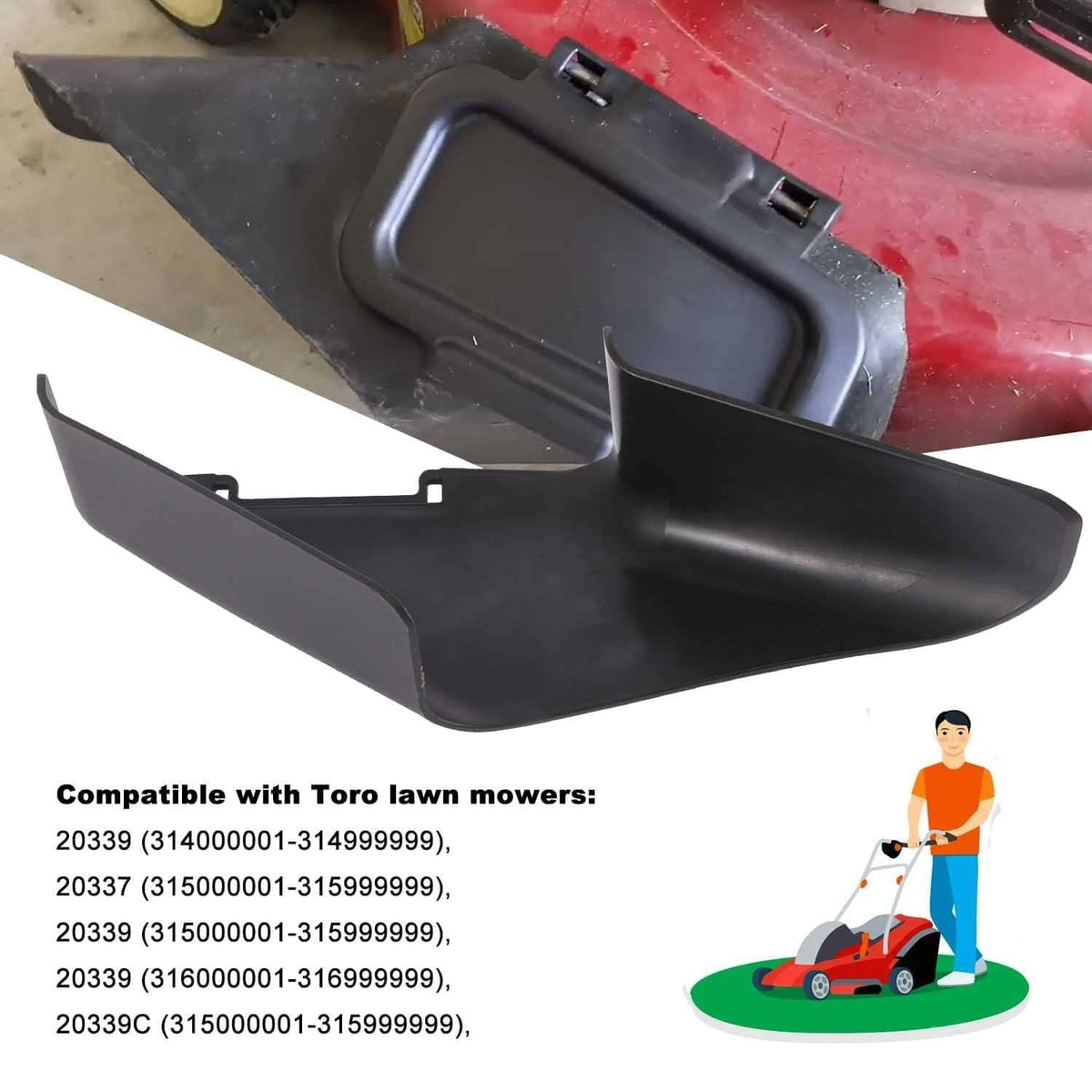 Black side discharge chute underside view with two mounting clips